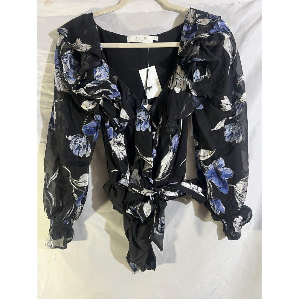 ASTR The Label Black Floral Sheer Ruffle Bodysuit Top Romantic Goth Coquette XS